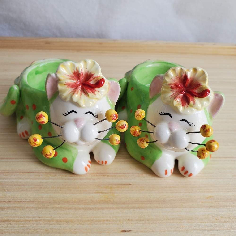 VTG 80s Whimsiclay Amy Lacombe Cat Figurines Tammy Tea Light Holders 2005 Whimsy